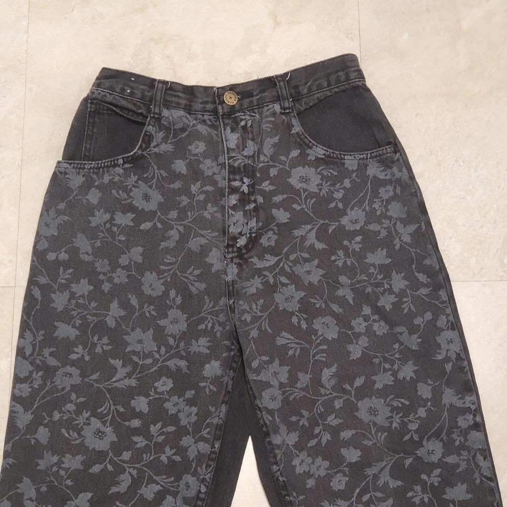 VTG Manisha Womens High Waist 27" Black Flower Denim Mom Jeans‎ Size 9